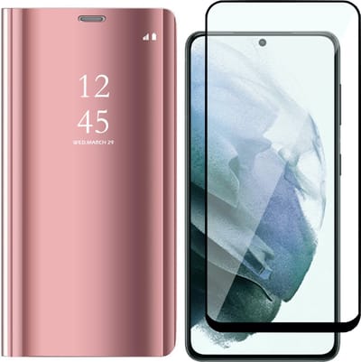 Hoesje geschikt voor Samsung Galaxy S21 FE - Book Case Mirror Reflection Wallet Cover Booktype Hoes Roze - Screenprotector Beschermglas Gehard Glas Tempered Glass Full Screen Protector