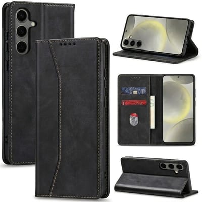 Zwart kunstleer wallet case telefoon hoesje geschikt voor Samsung Galaxy S25 dames en heren met magneetsluiting en flip cover