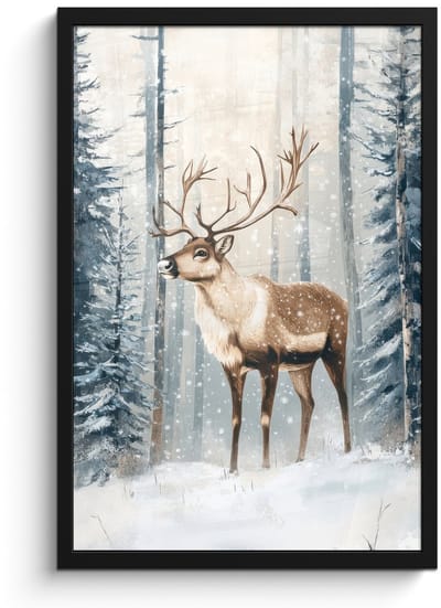 Poster in lijst - Fotolijst 40x60 cm - Posters - Rendier - Sneeuw - Woud - Wit - Posterlijst zwart - Decoratie - Wanddecoratie woonkamer - Muurdecoratie slaapkamer