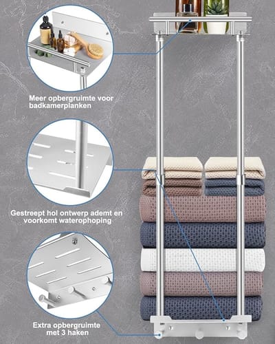 Handdoekrek Zonder Boren 81 cm Verstelbaar (41-72 cm) met Plank & 3 Haken – Aluminium Wand Handdoekhouder Badkamer & Keuken Roestvrij Zelfklevend Zilver