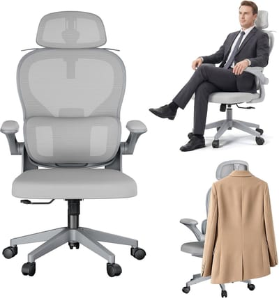 ACXIN Ergonomische Bureaustoel - 4D Hoofdsteun - 2D Lendensteun - Mesh Kantoorstoel 125° Kantelfunctie - 90° Inklapbare Armleuningen - Kledinghanger - Draaistoel tot 150 kg - Grijs