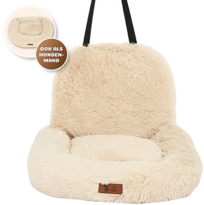 Pet Perfect Fluffy Autostoel Hond – Hondenmand Auto – Honden Autostoel - Automand Hond - Wasbaar – Beige - 2-in-1 - Small