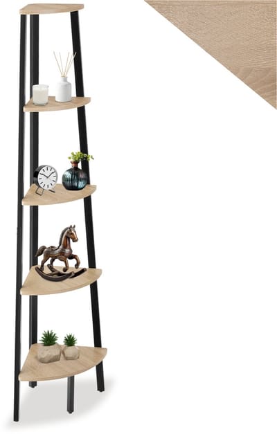 tectake® Hoekkast met 5 Lagen van Hout, Design Boekenkast, 34 x 34 x 158,5 cm, Ladderkast voor Woonkamer, Keuken, Kantoor, Hal, Zwart Metalen Frame (lichtbruin)