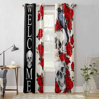 Halloween Skelet Kraai Rode Roos Raamgordijnen voor Woonkamer Slaapkamer Luxe Modern Keukengordijnen Stoffen Gordijnen 135W x 60H(cm) x1 gray
