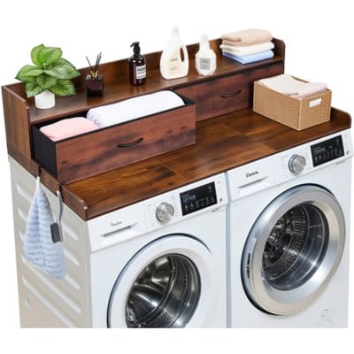 VEVOR Wasmachine en Droger Keukenplaat met Schroefaand, 137 X 69,9 cm Houten Was- en Drogershoofd met 2 Laden & Haakjes, Wasmachinehoofd voor Waskast, Keukenorganisatie en Opbergoplossing, Bruin