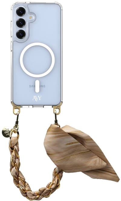 AVY Hoesje geschikt voor Samsung S25 Plus / S24 Plus | Compatibel met MagSafe | Clear Case met Telefoonkoord 32CM | Polsband Aurum Gold