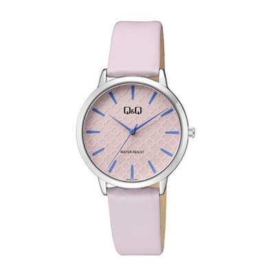 Q&Q Q26B-003PY - Horloge - Vrouwen - Dames - Leren band - Rond - Metaal - Streepjes - Roze - Zilverkleurig - Blauw