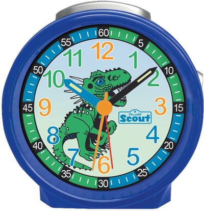 Scout Wecker analog mit blauem Gehäuse der Serie "Blue Dino" mit buntem Lernziffernblatt und Dino-Motiv