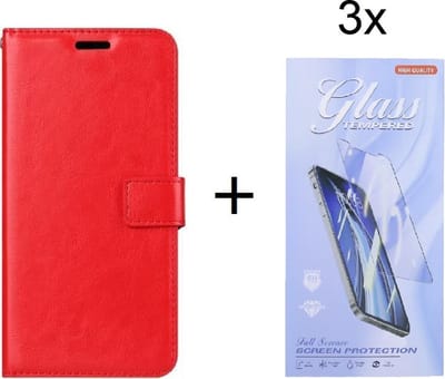 Bookcase Geschikt voor: Huawei P Smart 2021 - Rood - portemonnee hoesje met 3 stuk Glas Screen protector
