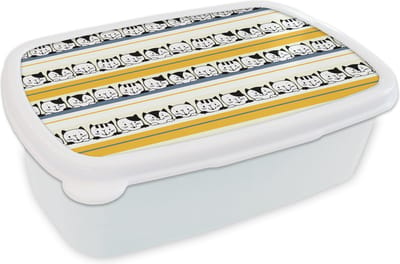 Broodtrommel Wit - Lunchbox - Brooddoos - Kat - Patronen - Huisdieren - 18x12x6 cm - Volwassenen