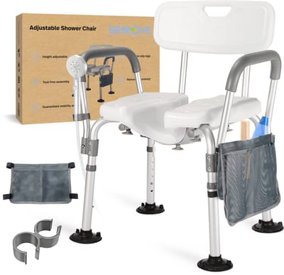 Seniove® Douchestoel Met Afneembare Armleuning - XXL Antislip - In Hoogte Verstelbaar - Incl. Zeepzakje & Kophouder