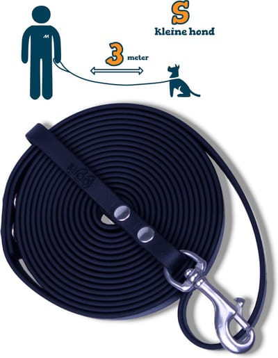 Miqdi hondenriem - BioThane – zwart – 3 meter lang – 9mm breed – XS/S – kleine hond