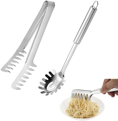 Pastalepels, spaghetti-serverset, spaghettilepels, tongs, roestvrij staal, spaghettitang, spaghettilepel, pastamvork, geschikt voor het bakken en koken van pasta
