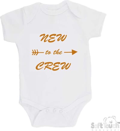 Soft Touch Romper "New to the crew" Unisex Katoen Wit/tan Maat 56/62