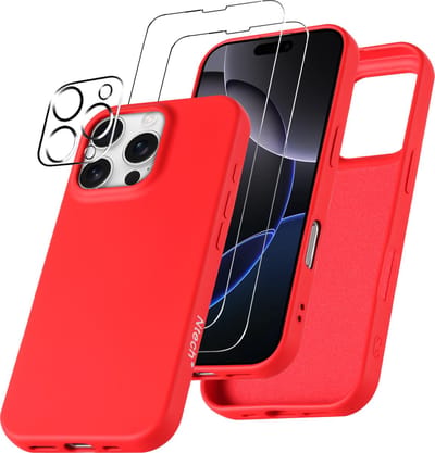 Hoesje Geschikt voor iPhone 16 Pro – Zacht siliconen liquid backcover met 2x screenprotectors gehard glas en 1x lens protector – Rood