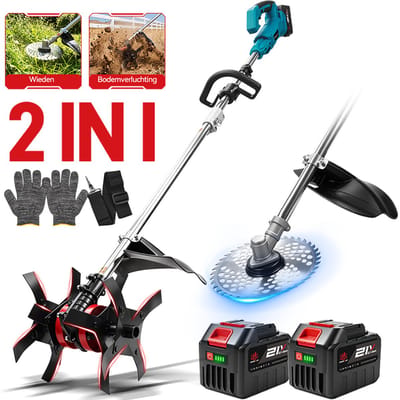 ONEVAN Accu Grastrimmer / Grondfrees - 2-in-1 Tuingereedschap - Borstelloos Tuinfrees - met 2x 6.0Ah Accu’s - voor gazon, struiken en graven en losmaken