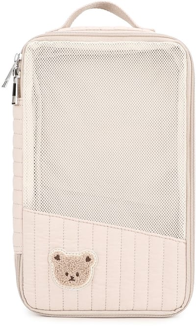 Crème Katoenen Gewatteerde Beertje Baby Luier Reisopbergtas 29×5×17,5cm | Ademend Gaasvak met Dubbele Rits en Handige Draaglus