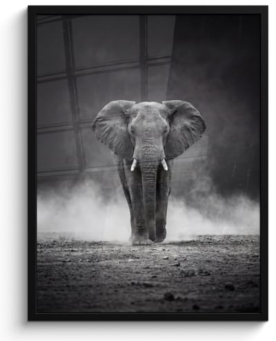 Poster in lijst - Fotolijst 60x80 cm - Posters - Olifant - Zwart - Wit - Rook - Posterlijst zwart - Decoratie - Wanddecoratie woonkamer - Muurdecoratie slaapkamer