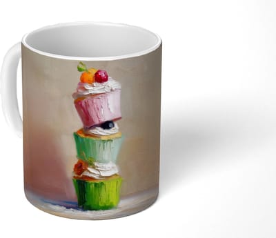 Mok - Koffiemok - Cupcakes - Gestapeld - Kleurrijk - Fruit - Mokken - 350 ML - Beker - Koffiemokken - Theemok