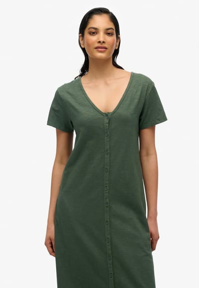 Superdry - Jersey midi-jurk met korte mouwen en knoopsluiting - Dames - Jurken