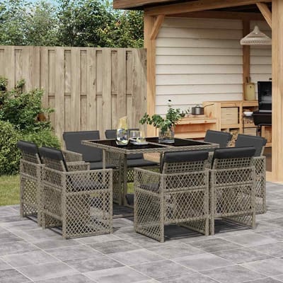 vidaXL - 9-delige - Tuinset - met - kussens - poly - rattan - grijs