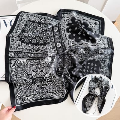 Dames Sjaal - Sjaals - Stola - Vierkante doek - Elegant Stijlvol Dames haar sjaal - Satijn zijde - Hals sjaaltje - Sjaaltje Satijn - Neksjaaltje - Omslagdoek Modesjaals - Neksjaal - Klein Sjaaltje -Vierkant Cashew Bloemen - Zwart-70*70CM