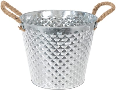 Zinken pot, ruitvormig, met touwgrepen, witgekalkt, Ø24,5 cm H21 cm
