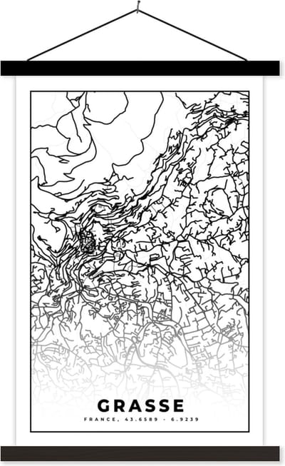 Posterhanger incl. Poster 40x60 cm - Schoolplaat - Frankrijk - Plattegrond - Grasse - Stadskaart - Kaart - Zwart wit - Textielposter - Zwarte latten - Stadskaart