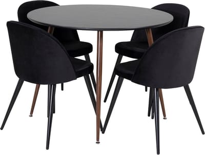 PlazaBLWA100 eethoek eetkamertafel zwart en 4 Velvet eetkamerstal velours zwart.
