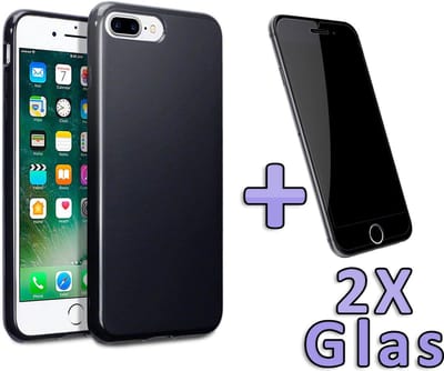 HB Hoesje Geschikt voor Apple iPhone 7 Plus - / 8 - Plus - Siliconen Back Cover / 2X Glazen Screenprotector - Zwart