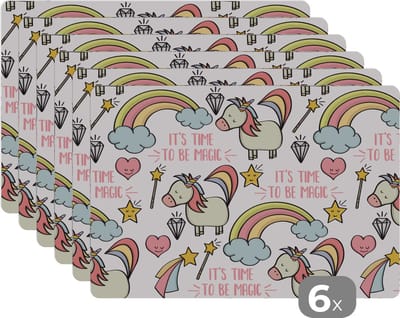 Placemat - Placemats kunststof - Regenboog - Unicorn - Diamant - Quotes - Patroon - 45x30 cm - 6 stuks - Hittebestendig - Anti-Slip - Onderlegger - Afneembaar