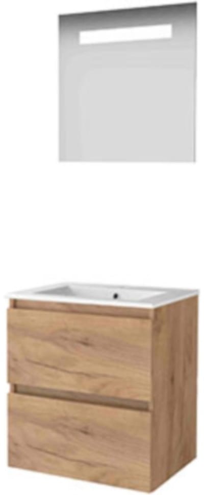 Basic-Line Economic 46 Badkamermeubelset - 60 x 46 cm - Greeploos - 2 Lades - Keramische Wastafel - 1 Kraangat - Spiegel met LED Verlichting - Whisky Oak