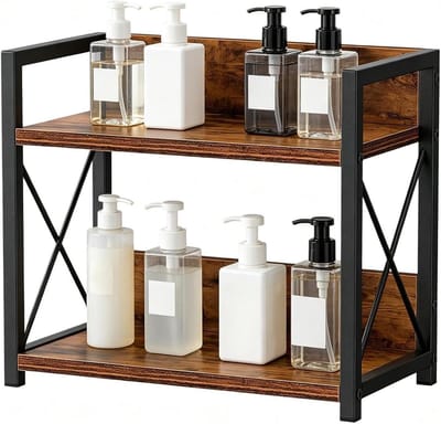 Kruidenrek - Specerijen Organizer - Keuken Organiseren - Tweelaags IJzer Hout - 30x26.5x16cm - Vintage Bruin