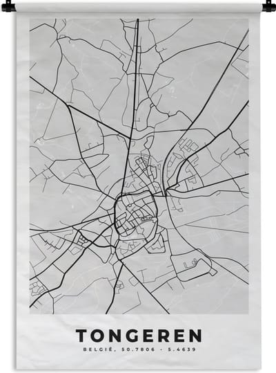 Wandkleed - Wanddoek - België – Tongeren – Stadskaart – Kaart – Zwart Wit – Plattegrond - 120x180 cm - Wandtapijt