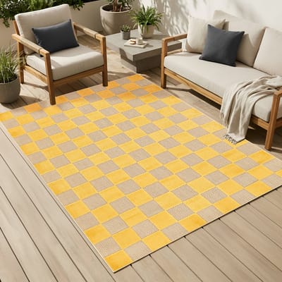 Tapiso Checker Buitenkleed Weerbestendig Buitentapijt Balkon Tuin Terras - Wasbaar UV-bestendig Slijtvast Balkontapijt Indoor Outdoor Tapijt Crème Geel 80x150