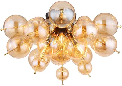 Plafondlamp woonkamerlamp slaapkamerlamp eetkamerlamp hallamp, metalen glazen bollen amber goud, 3 vlammen E14, D 55 cm