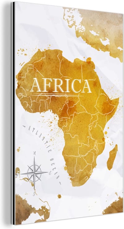 Aluminium schilderij 120x180 cm - Wanddecoratie metaal - Wereldkaart - Afrika - Goud - Metalen muurdecoratie woonkamer - Decoratie industrieel - Foto op dibond - Industriële accessoires slaapkamer