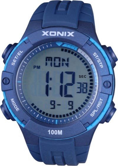 Xonix DAX-B05 - Horloge - Polshorloge - Digitaal - Heren - Mannen - Rond - Siliconen band - LCD - ABS - Cijfers - Achtergrondverlichting - Datumaanduiding - Alarm - Start-Stop - 12/24u - Tweede tijdzone - Waterdicht - DonkerBlauw