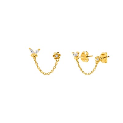 Lucardi Dames Zilveren goldplated oorknoppen dubbel vlinder bloem zirkonia - Oorbellen - 925 Zilver - Goudkleurig