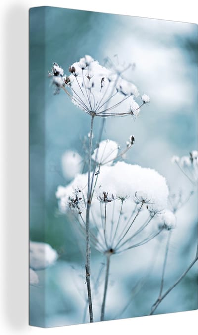 Canvas schilderij 120x180 cm - Wanddecoratie Sneeuw - Bloemen - Winter - Seizoenen - Takken - Muurdecoratie woonkamer - Slaapkamer decoratie - Kamer accessoires - Schilderijen
