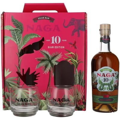 Naga Rum Naga 10 Years Old Asian Rum SIAM EDITION 40% Vol. 0,7l in geschenkverpakking met 2 Bril
