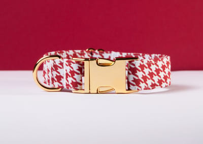 Halsband hond - Pied de poule honden halsband - Handgemaakt in Nederland - Wit met rood | Maat L