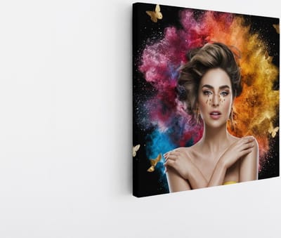 Saammp Canvas Schilderij - Vrouw - Kleurenexplosie - abstract - 20x20 - Foto op canvas - Wanddecoratie - Muurdecoratie Woonkamer - Slaapkamer decoratie - Canvas Print