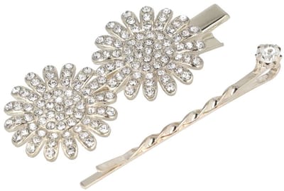 Haarsoires Haarspeld Duckklem & Schuifspeldje 5cm – Margriet Bloemvorm – Strass Glitter Steentjes – Zilver – Set van 2 - Sterke Haarclip voor Styling & Dagelijks Gebruik - Hair Clip - Decoratieve Haaraccessoire