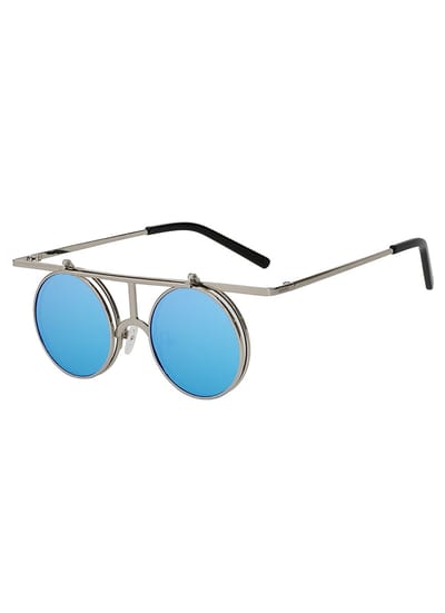 KIMU® Ronde Zonnebril Steampunk Flip Up - Zilver Montuur Rond - Blauwe Spiegelglazen - Blauw Zilveren Vintage Retro Opklapbaar Festival