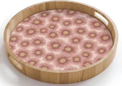 Dienblad rond 40x40 cm - Schootdienblad hout - Gerbera - Bloemen - Roze - Borrelplank rechthoek - Plateau houten dienbladen