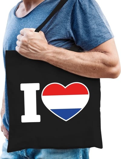 Katoenen Hollands tasje I love Holland zwart - 10 liter - Nederland landen cadeautas