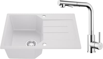 Anycee MAX Spoelbak Keuken Wit - Granieten Spoelbak 65x45CM - Spoelbakken Keuken Met Keukenkraan met Uittrekbare Uitloop - Spoelbakken Met Afdruip - Opbouw Spoelbak