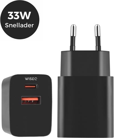 33W USB C snellader – dual USB oplader – laad 2 apparaten tegelijk – geschikt voor Samsung en iPhone – zwart – WiseQ