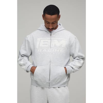 Grijze Gemêleerde Oversized Boxy Hoodie Met Raceprint En Rits | Grey Marl | Size XL